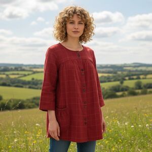 Gudrun Sjoden Womens Linen Jacket sz M Red Babydoll Pockets Lagenlook Oversized